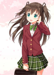 Rule 34 | 1girl, :d, black ribbon, blush, bow, bowtie, breasts, brown hair, buttons, collared shirt, cowboy shot, dress shirt, green bow, green bowtie, green eyes, hair ribbon, hand on own ear, hand up, hyuuga azuri, jacket, long hair, long sleeves, looking away, open mouth, original, pink background, plaid, plaid skirt, pleated skirt, red jacket, ribbon, school uniform, shirt, skirt, smile, solo, standing, two side up, white shirt