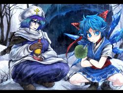 Rule 34 | 2girls, alcohol, blue eyes, blue hair, boots, bottle, bow, cave, cirno, commentary request, dress, forehead tattoo, gloves, hair bow, hat, ice, ice wings, letty whiterock, lily pad, multicolored hair, multiple girls, purple hair, russian text, ryuuichi (f dragon), scarf, short hair, short sleeves, skirt, slav squatting, snow, snowflakes, sparkle, squatting, symbol-shaped pupils, tattoo, touhou, tree, vodka, wings, winter