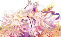 Rule 34 | 1boy, androgynous, antlers, bell, blonde hair, domco, flower, horns, japanese clothes, kimono, male focus, mask, natsume takashi, natsume yuujinchou, short hair, upper body, wheat