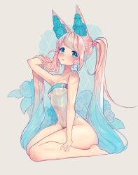 1girl absurdres animal_ears arm_up artist_name bare_arms bare_legs bare_shoulders barefoot blue_eyes blue_flower blue_hair blue_nails blue_rose blush breasts closed_mouth commentary covered_navel cross cross_earrings earrings flower grey_background gris_swimsuit highres jewelry legs long_hair looking_at_viewer meme_attire multicolored_hair one-piece_swimsuit original pink_hair pink_lips rose see-through_one-piece_swimsuit seiza sitting solo strapless strapless_one-piece_swimsuit swimsuit two-tone_hair virtual_youtuber yamio