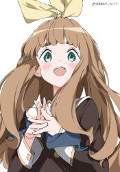 Rule 34 | 1girl, :d, absurdres, blue neckerchief, blunt bangs, blush, bow, brown jacket, commentary request, dot nose, from below, gold trim, green eyes, hair bow, hands up, hibike! euphonium, highres, interlocked fingers, jacket, light brown hair, long hair, long sleeves, looking at viewer, looking down, neckerchief, open mouth, sailor collar, sanpaku, school uniform, serafuku, short eyebrows, sidelocks, simple background, smile, solo, tareme, teeth, thick eyelashes, twitter username, upper body, upper teeth only, white background, white gorilla (okamoto), white sailor collar, yellow bow, yoshikawa yuuko