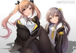 Rule 34 | 2girls, absurdres, black jacket, black pantyhose, breasts, brown hair, closed mouth, english text, eyes visible through hair, girls&#039; frontline, grey skirt, hair ornament, hairclip, hand on floor, highres, jacket, kneeling, long hair, long sleeves, looking at viewer, medium breasts, multiple girls, neck ribbon, necktie, on floor, open clothes, open jacket, open mouth, pantyhose, purple eyes, ribbon, scar, scar across eye, shadow, shirt, side ponytail, simple background, skirt, small breasts, smile, soles, twintails, ump45 (girls&#039; frontline), ump9 (girls&#039; frontline), white shirt, yanwulazy, yellow eyes, yellow necktie