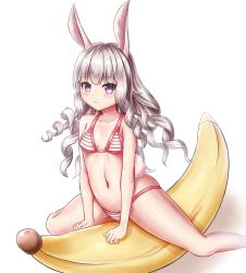 Rule 34 | 1girl, animal ears, arm support, banana, banana boat, bikini, breasts, child, curly hair, elin, food, fruit, highres, inflatable toy, leaning forward, legs, long hair, lotpe, navel, pink eyes, rabbit ears, rabbit tail, silver hair, simple background, sitting, small breasts, smile, solo, spread legs, straddling, striped bikini, striped clothes, swimsuit, tail, tera online, white background