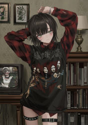 Rule 34 | 1girl, absurdres, arms up, belt, black hair, black shirt, book, closed mouth, clothes writing, cowboy shot, cradle of filth, cross, gishiki (gshk), highres, indoors, lamp, long sleeves, looking at viewer, merchandise, naked shirt, original, photo background, plaid, plaid shirt, profanity, red shirt, shirt, short hair, smile, smiley face, solo, spikes, television, wings, yellow eyes