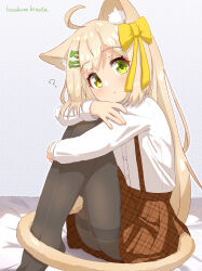 Rule 34 | 1girl, ?, absurdres, ahoge, animal ear fluff, animal ears, artist name, bed sheet, black pantyhose, blonde hair, blush, bow, brown skirt, buttons, cat ears, cat girl, cat tail, closed mouth, female focus, fish hair ornament, from side, full body, gradient background, green eyes, grey background, hair bow, hair ornament, hairclip, hazakura hinata, heterochromia, highres, hugging own legs, knees up, legs together, long hair, long sleeves, looking at viewer, miniskirt, original, outline, pantyhose, plaid, plaid skirt, pleated skirt, shirt, shirt tucked in, sidelocks, signature, simple background, sitting, skirt, solo, suspender skirt, suspenders, tail, thighband pantyhose, white outline, white shirt, yellow bow, yellow eyes