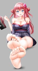 Rule 34 | 1girl, absurdres, barefoot, blue eyes, blush, breasts, cleavage, double bun, feet, grisaia (series), grisaia no kajitsu, hair bun, highres, japanese clothes, large breasts, long hair, looking at viewer, red hair, sandals, unworn sandals, shoes, unworn shoes, single sandal, single shoe, soles, suou amane, toes