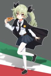 Rule 34 | 10s, 1girl, anchovy (girls und panzer), blush, cape, dress shirt, drill hair, eating, food, girls und panzer, green hair, hair ribbon, highres, holding, holding food, italian flag, kotokasu (kumagaisinya), loafers, long hair, looking at viewer, miniskirt, necktie, pantyhose, pizza, pleated skirt, red eyes, ribbon, shadow, shirt, shoes, skirt, smile, solo, standing, twin drills, twintails, uniform, white pantyhose, white shirt