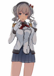 Rule 34 | 1girl, beret, black hat, blue eyes, blue skirt, blush, buttons, cowboy shot, epaulettes, gloves, grey shirt, hair between eyes, hat, highres, jacket, kantai collection, kashima (kancolle), kerchief, long hair, long sleeves, nanana (sp6z7fa9), open mouth, pleated skirt, red neckwear, shirt, silver hair, simple background, skirt, solo, two side up, white background, white gloves, white jacket