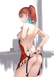Rule 34 | 1girl, apron, aqua hair, arms behind back, ass, back, bare shoulders, blush, breasts, closed mouth, colored tips, ear piercing, feathers, highres, hololive, hololive english, kfp, looking at viewer, looking back, multicolored hair, naked apron, orange hair, piercing, pink eyes, ponytail, profile, solo, streaked hair, takanashi kiara, tying apron, virtual youtuber, zen juraku