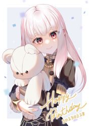 Rule 34 | 1girl, 2023, absurdres, buttons, closed mouth, commentary request, confetti, dated, english text, fire emblem, fire emblem: three houses, garreg mach monastery uniform, hair between eyes, happy birthday, head tilt, highres, holding, holding stuffed toy, juliet sleeves, kita 282, long hair, long sleeves, looking at viewer, lysithea von ordelia, nintendo, pink eyes, puffy sleeves, smile, solo, stuffed animal, stuffed toy, teddy bear, uniform, white hair