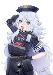 Rule 34 | 1girl, black gloves, blue eyes, blue hat, blush, canalice, closed mouth, coat, fang, gloves, goddess of victory: nikke, grey hair, hat, highres, long hair, multiple views, open mouth, poli (nikke), police, police uniform, salute, simple background, sparkle, uniform