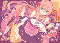 Rule 34 | 1girl, :o, ahoge, balloon, bare shoulders, blue eyes, breasts, butterfly ornament, commentary request, detached sleeves, fingernails, flower, frilled sleeves, frills, hair flower, hair ornament, large breasts, long hair, looking to the side, makeup, megurine luka, nail polish, petals, pink hair, ribbon, shoes, skirt, solo, sparkle, thighhighs, very long hair, vocaloid, yellow thighhighs, yoshiki