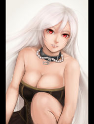 Rule 34 | 00s, 1girl, akashiya moka, bare shoulders, breasts, cleavage, collar, fang, highres, inner moka, jewelry, large breasts, lips, long hair, moekyon, necklace, pearl necklace, red eyes, rosario+vampire, slit pupils, smile, solo, vampire, white hair