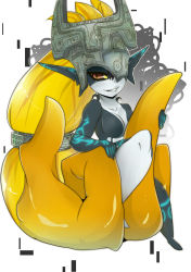 Rule 34 | 1girl, blonde hair, breasts, colored sclera, derivative work, fang, full body, gradient background, helmet, highres, long hair, middle finger, midna, neon trim, nintendo, no nipples, pointy ears, prehensile hair, red eyes, solo, tacohead shark, the legend of zelda, the legend of zelda: twilight princess, very long hair, yellow sclera