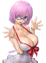 Rule 34 | 1girl, amania orz, artist name, bow, breasts, cleavage, dated, fate/grand order, fate (series), glasses, hands up, highres, large breasts, mash kyrielight, mash kyrielight (swimsuit of perpetual summer), official alternate costume, one-piece swimsuit, pink hair, purple eyes, red bow, short hair, smile, swimsuit, white background, white one-piece swimsuit