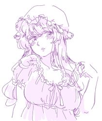 Rule 34 | 1girl, blush, breasts, cleavage, collarbone, female focus, hat, large breasts, long hair, looking at viewer, mitsumoto jouji, mob cap, monochrome, nightgown, patchouli knowledge, playing with own hair, solo, touhou