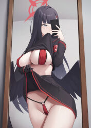 Rule 34 | 1girl, absurdres, afe., armband, bikini, black gloves, black hair, black serafuku, black wings, blue archive, breasts, cellphone, clothes lift, feathered wings, gloves, groin, halo, highres, holding, holding phone, ichika (blue archive), indoors, large breasts, lifted by self, long sleeves, looking at phone, mirror, mouth hold, o-ring, o-ring bottom, phone, pleated skirt, red armband, red bikini, red halo, reflection, school uniform, selfie, serafuku, shirt lift, skindentation, skirt, skirt lift, solo, string bikini, swimsuit, thong bikini, wings