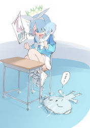 Rule 34 | 1boy, 1girl, ^^^, absurdres, arona (blue archive), blue archive, blue eyes, blue hair, blue shirt, blue sleeves, bow, chair, clenched hands, commentary request, desk, doodle sensei (blue archive), hair bow, halo, highres, indoors, knees up, legs, long sleeves, looking at viewer, looking down, multicolored hair, open mouth, panties, pink hair, pleated skirt, ribbon, school uniform, sensei (blue archive), serafuku, shirt, shoes, short hair, sitting, skirt, sneakers, striped clothes, striped panties, surprised, table, tamura-chan, thighs, two-tone hair, underwear, water, white footwear, white skirt