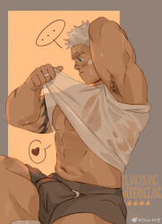Rule 34 | 1boy, abs, absurdres, armpit hair, armpits, bandaid, bandaid on cheek, bandaid on face, bara, borrowed character, bulge, clothes lift, covered erect nipples, dark-skinned male, dark skin, feet out of frame, goo (koushishikou11), grey shorts, highres, large pectorals, lifting own clothes, male focus, muscular, muscular male, nipples, original, pectorals, see-through, shirt, shirt lift, short hair, shorts, sideburns, solo, stomach, sweat, thick eyebrows, underpec, undressing, wet, wet clothes, wet shirt
