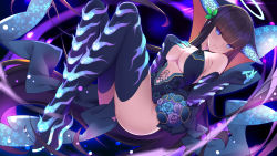 Rule 34 | 1girl, bare shoulders, blue dress, blue eyes, blue footwear, blue gloves, blue headwear, blunt bangs, blush, boots, breasts, center opening, cleavage, clothes between thighs, dress, elbow gloves, fate/grand order, fate (series), floral print, gloves, halo, hand on own chest, highres, knees up, large breasts, legs, long hair, looking at viewer, rx7649, sash, solo, thigh boots, thighhighs, thighs, very long hair, yang guifei (fate), yang guifei (third ascension) (fate)