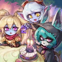 Rule 34 | 3girls, :d, animal ears, armor, birthday cake, black hoodie, breastplate, cake, candle, d:, ears through headwear, fang, food, goggles, goggles on head, green hair, grey hair, hair between eyes, hood, hood up, hoodie, league of legends, long hair, multiple girls, open mouth, phantom ix row, pink eyes, pointy ears, poppy (league of legends), red scarf, scarf, short hair, shoulder plates, smile, table, tongue, tristana, twintails, vex (league of legends), yellow eyes, yordle