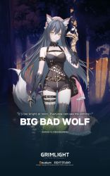 Rule 34 | 1girl, animal ears, animal hands, artist request, bandages, big bad wolf (grimlight), claws, dress, green eyes, grey hair, grey thighhighs, grimlight, hat, highres, holding, holding removed eyewear, holstered, long hair, mob cap, official art, revealing clothes, shorts, tail, tank top, thigh strap, thighhighs, unworn dress, unworn eyewear, very long hair, wolf ears, wolf girl, wolf tail