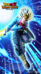 Rule 34 | angry, aura, blonde hair, charging (attack), dokkan battle, dragon ball, dragon ball super, energy, energy sword, flying, genki dama, highres, official art, powering up, serious, spiked hair, super saiyan rage, sword, tagme, torn clothes, trunks (dragon ball), trunks (future) (dragon ball), weapon