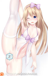 Rule 34 | 1girl, ;o, alternate breast size, alternate hair length, alternate hairstyle, arm up, armpits, babydoll, bare shoulders, blue eyes, bottomless, bow, breasts, brown hair, censored, choujigen game neptune mk2, cleavage, commentary, covered erect nipples, english commentary, gabriel evangel, hair bow, highres, leg up, legs, long hair, looking at viewer, medium breasts, midriff, navel, neptune (series), no bra, no panties, aged up, one eye closed, paid reward available, painttool sai (medium), photoshop (medium), pink bow, ram (neptunia), skindentation, small breasts, solo, split, standing, standing on one leg, standing split, thighhighs, thighs, very long hair, wavy mouth, white thighhighs