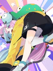 Rule 34 | 1girl, :d, black shorts, boots, character hair ornament, commentary request, creatures (company), game freak, green hair, grey pantyhose, hair ornament, highres, idkuroi, iono (pokemon), jacket, kneepits, leg up, long hair, looking at viewer, looking back, nintendo, open mouth, pantyhose, pokemon, pokemon sv, purple eyes, purple hair, sharp teeth, shorts, single leg pantyhose, smile, solo, star (symbol), star in eye, symbol in eye, teeth, thigh strap, upper teeth only, yellow jacket