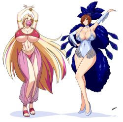 Rule 34 | 2girls, absurdres, belly dancer, belly dancing, bleach, blonde hair, breasts, brown hair, cleavage, copyright request, curvy, devil-v, full body, harem outfit, highres, huge breasts, large breasts, long hair, looking at viewer, matsumoto rangiku, multiple girls, nail polish, sandals, short hair, showgirl skirt, source request, standing, toned, underboob, very long hair, wide hips