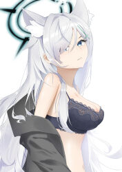Rule 34 | 1girl, absurdres, animal ear fluff, animal ears, black bra, blue archive, blue eyes, bra, breasts, cleavage, cross hair ornament, dark halo, extra ears, eyes visible through hair, grey hair, hair ornament, halo, highres, large breasts, long hair, navel, open mouth, shiroko (blue archive), shiroko terror (blue archive), simple background, solo, talo (63078778), underwear, upper body, white background, wolf ears