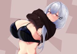 Rule 34 | 1girl, absurdres, black bra, black sweater, blue bra, blush, bra, breasts, clothes lift, hair between eyes, hair ornament, hairclip, hakase fuyuki, highres, lace, lace-trimmed bra, lace trim, large breasts, long hair, long sleeves, looking at viewer, navel, nijisanji, nose blush, pulling own clothes, red eyes, solo, stomach, sweater, sweater lift, uberplum, underwear, undressing, upper body, virtual youtuber