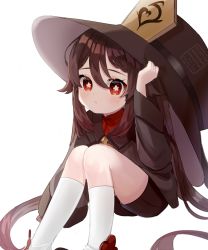 Rule 34 | 1girl, aged down, black footwear, black hair, black shorts, commentary request, genshin impact, hair between eyes, hat, highres, hu tao (genshin impact), kneehighs, long hair, long sleeves, looking at viewer, miyako draw, oversized clothes, oversized object, parted lips, red eyes, shoes, shorts, sidelocks, simple background, socks, solo, symbol-shaped pupils, white background, white socks