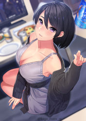 Rule 34 | 1girl, absurdres, bare shoulders, beer can, black hair, blurry, blush, breasts, can, cleavage, collarbone, commentary request, depth of field, dress, drink can, food, highres, kagematsuri, looking at viewer, mole, mole under mouth, monitor, off shoulder, original, pizza, plate, purple eyes, short hair, solo, sweater