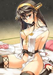 Rule 34 | 10s, 1girl, abo (hechouchou), bare shoulders, blush, breasts, brown eyes, brown hair, hairband, haruna (kancolle), highres, japanese clothes, kantai collection, long hair, md5 mismatch, no panties, nontraditional miko, resized, solo