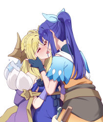 Rule 34 | 2girls, after kiss, black gloves, blonde hair, blue hair, blush, braid, cape, closed eyes, commentary request, demon girl, demon horns, dress, facing another, fingerless gloves, genjitsu no yohane, gloves, hand on another&#039;s face, high ponytail, highres, horns, kanan (genjitsu no yohane), long hair, love live!, love live! sunshine!!, mari (genjitsu no yohane), matsuura kanan, medium hair, multicolored clothes, multiple girls, nyasa, ohara mari, ponytail, purple cape, purple dress, saliva, saliva trail, teeth, upper teeth only, white background, yuri