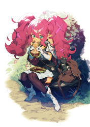Rule 34 | 1girl, absurdres, animal, bag, big hair, black thighhighs, boots, chyko7080, commentary, dark skin, eating, elbow gloves, elf, fantasy, food, gloves, green eyes, highres, long hair, original, outdoors, pink hair, pointy ears, sandwich, satchel, sitting, thighhighs, twintails, white gloves