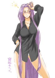 Rule 34 | 00s, 1girl, breasts, dress shirt, fate/stay night, fate (series), fue (rhomphair), glasses, hand in own hair, hand on own head, hand on own hip, hip focus, large breasts, long hair, medusa (fate), medusa (rider) (fate), no pants, panties, purple eyes, purple hair, shirt, solo, underwear, very long hair, white panties