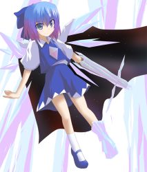 Rule 34 | 1girl, asymmetrical clothes, asymmetrical footwear, bad id, bad pixiv id, blue eyes, blue hair, bow, cape, cirno, cosplay, embodiment of scarlet devil, hair bow, ice, matching hair/eyes, mismatched footwear, okumari, reiuji utsuho, reiuji utsuho (cosplay), socks, solo, touhou, wings