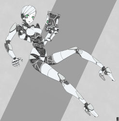Rule 34 | 1girl, absurdres, android, breasts, finger on trigger, green eyes, gun, highres, humanoid robot, joints, limited palette, long hair, looking at viewer, mechanical parts, original, parted lips, robot, robot joints, simple background, small breasts, user pgts4888, very long hair, weapon