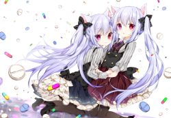 Rule 34 | 2girls, animal ears, cat ears, dress, holding hands, high heels, kneeling, long hair, multiple girls, original, pantyhose, pill, purple hair, red eyes, ribbon, shoes, toma tokage, twintails, two side up