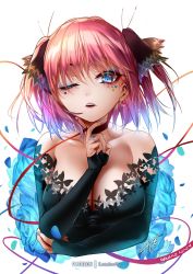 Rule 34 | 1girl, bare shoulders, black choker, black sleeves, blue eyes, blue flower, breasts, character name, choker, cleavage, collarbone, cropped torso, detached sleeves, earrings, facial mark, flower, go-toubun no hanayome, hair ornament, heart, heart earrings, highres, jewelry, large breasts, long sleeves, looking at viewer, medium hair, multicolored nails, nail polish, nakano nino, one eye closed, petals, pink hair, red ribbon, ribbon, sleeves past wrists, solo, two side up, upper body, watermark, white background, zasshu