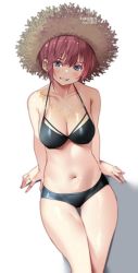 Rule 34 | 1girl, bare arms, bare legs, bare shoulders, bikini, black one-piece swimsuit, blue eyes, blush, breasts, cleavage, collarbone, colored skin, go-toubun no hanayome, hat, head tilt, highres, large breasts, nakano ichika, navel, one-piece swimsuit, pink hair, short hair, signature, sitting, smile, sunlight, swimsuit, sydus, teeth, thighs, white background, white skin