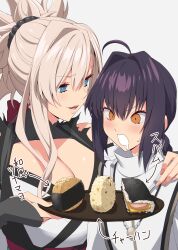 1girl 1other ahoge black_hair blue_eyes braid braided_ponytail breasts brown_eyes cleavage drooling fate/samurai_remnant fate_(series) food hair_intakes hair_ornament highres japanese_clothes kimono kloah large_breasts long_hair miyamoto_musashi_(fate) miyamoto_musashi_(woman_of_niten_ichiryuu)_(fate) onigiri open_mouth pink_hair plate ponytail smile swept_bangs translation_request white_kimono yamato_takeru_(fate)