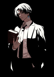 Rule 34 | 1boy, black background, black eyes, black hair, black jacket, black necktie, black suit, book, business suit, chrollo lucilfer, closed mouth, collared shirt, earrings, facial mark, forehead mark, formal, hand in pocket, handprint, highres, holding, holding book, hunter x hunter, jacket, jewelry, looking at viewer, necktie, parted bangs, shirt, short hair, sokorahenyo, solo, suit