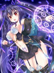 Rule 34 | 1girl, bare shoulders, black hair, blush, breasts, cleavage, clenched hand, clothing cutout, commentary request, cowboy shot, detached collar, detached sleeves, from side, garter straps, hair ribbon, highres, kazuneko (wktk1024), leaning forward, long hair, looking at viewer, magic circle, medium breasts, navel, navel cutout, nepnep connect: chaos chanpuru, neptune (series), noire (neptunia), open mouth, pubic tattoo, red eyes, revealing clothes, ribbon, solo, tattoo, teeth, thighhighs, thighs, upper teeth only, very long hair