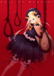 Rule 34 | 1girl, abigail williams (fate), black bow, black dress, black hat, blonde hair, bloomers, blue eyes, bow, bug, butterfly, commentary request, dress, fate/grand order, fate (series), hair bow, hands in opposite sleeves, hat, head tilt, hugging object, insect, long hair, long sleeves, looking at viewer, noose, orange bow, parted bangs, parted lips, polka dot, polka dot bow, red background, solo, stuffed animal, stuffed toy, teddy bear, underwear, very long hair, vienri, white bloomers