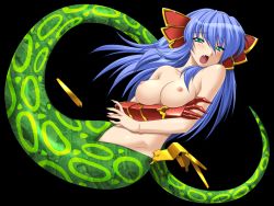 Rule 34 | 1girl, artist request, blue hair, blush, breasts, character request, green eyes, ikazuchi no senshi raidy, lamia, monster girl, nipples, nude, simple background, solo, tagme