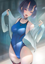 Rule 34 | 1girl, bare shoulders, blue one-piece swimsuit, blush, bob cut, breasts, collarbone, competition swimsuit, covered navel, eyeliner, fate/grand order, fate (series), highleg, highleg swimsuit, highres, horns, imizu (nitro unknown), jacket, long sleeves, looking at viewer, makeup, medium breasts, off shoulder, one-piece swimsuit, oni, open clothes, open jacket, open mouth, purple eyes, purple hair, short hair, shuten douji (fate), skin-covered horns, smile, solo, swimsuit, thighs, white jacket