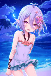 Rule 34 | 1girl, :d, antenna hair, bare shoulders, blush, breasts, casual one-piece swimsuit, cloud, cloudy sky, collarbone, commentary request, covered navel, crescent moon, flower, gluteal fold, hair between eyes, hair flower, hair ornament, highres, kokkoro (princess connect!), kokkoro (summer) (princess connect!), looking at viewer, moon, night, night sky, ocean, one-piece swimsuit, open mouth, outdoors, palm tree, pink flower, pointy ears, princess connect!, purple eyes, silver hair, sky, small breasts, smile, solo, star (sky), starry sky, swimsuit, tomo (tmtm mf mf), tree, water, white flower, white one-piece swimsuit